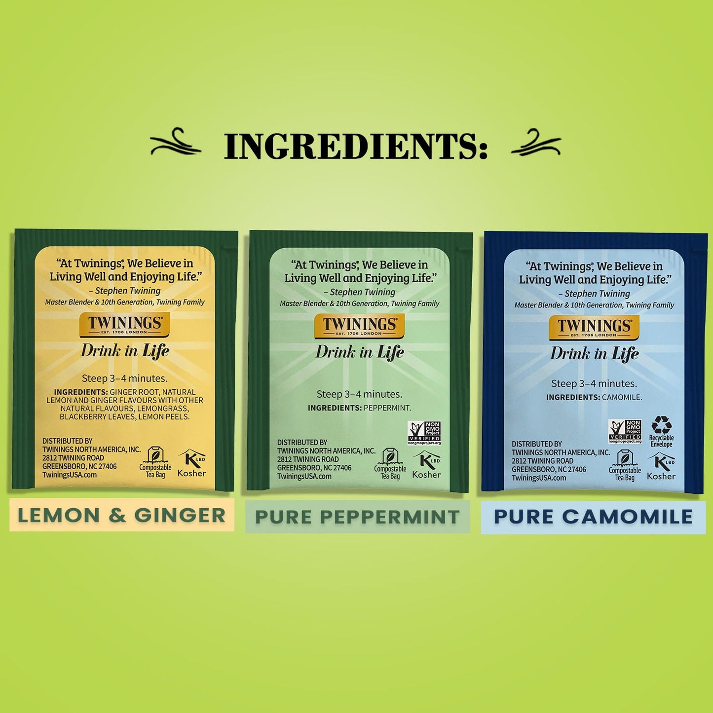Twinings Herbal Tea Variety Pack - Pure Peppermint, Pure Camomile & Lemon Ginger - 20 Count Each (Pack of 3) - Caffeine-Free