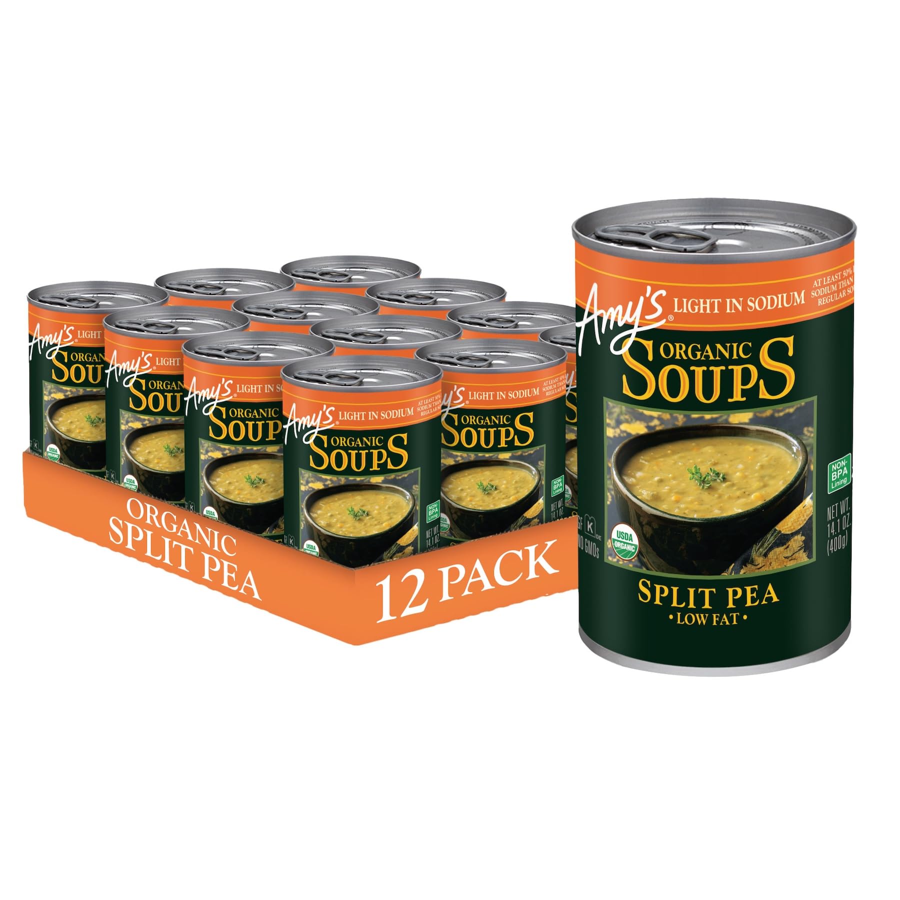 Amy'S Soup, Vegan Split Pea Soup, Light In Sodium, Gluten Free, Made With Organic Vegetables, Canned Soup, 14.1 Oz (12 Pack)