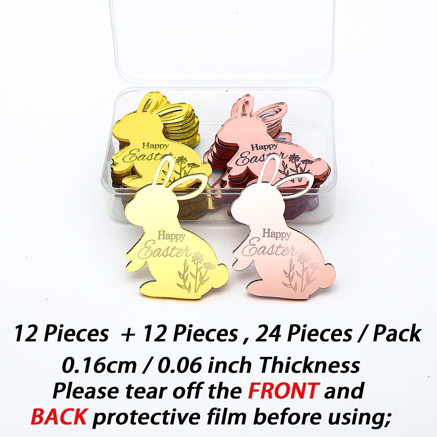 Aiqi Bakes Easter Bunny Cupcake Toppers, 24 Pack Acrylic Decorations, Pink And Gold, Happy Easter Party Supplies