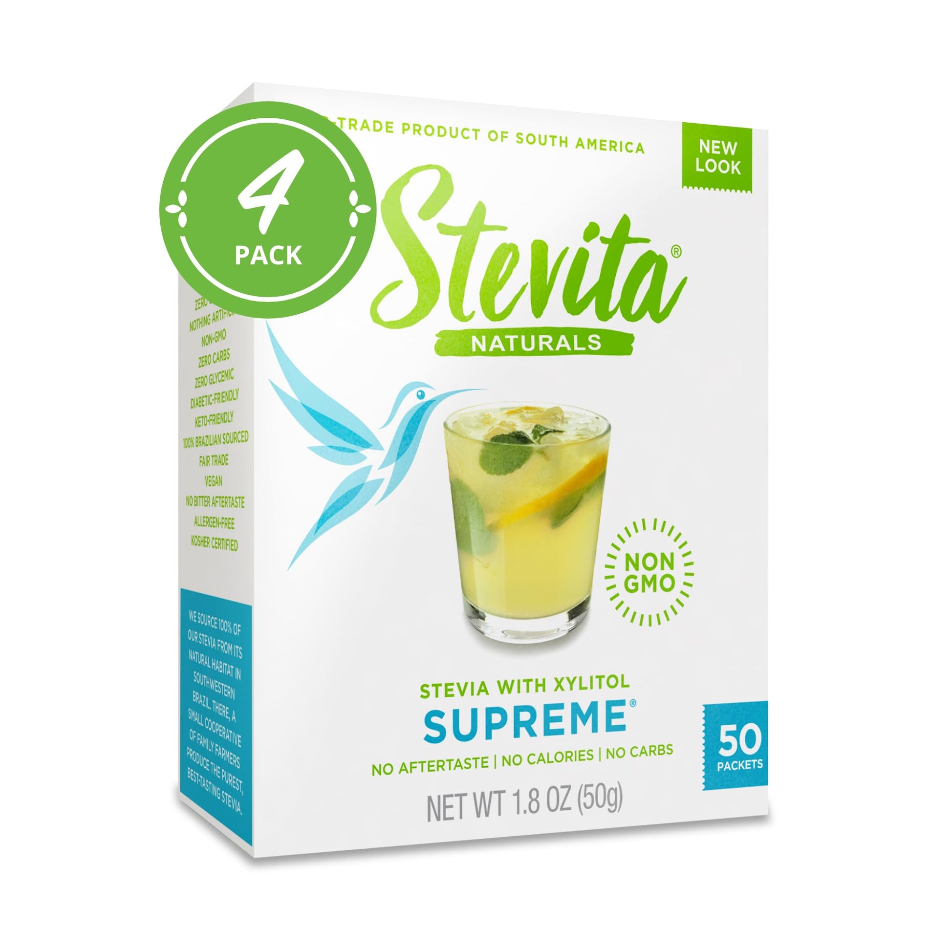 Stevita Stevia with Xylitol Supreme - 50 Packets, Pack of 4 - All-Natural Sweetener, No Calories - Non-GMO, Vegan, Kosher, Keto,