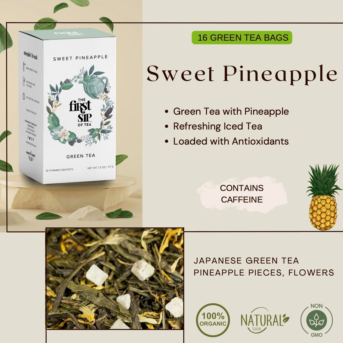 The Spice Hut Sweet Pineapple Green Tea Pyramid Sachet Bags, Caffeinated, 16 Count Box