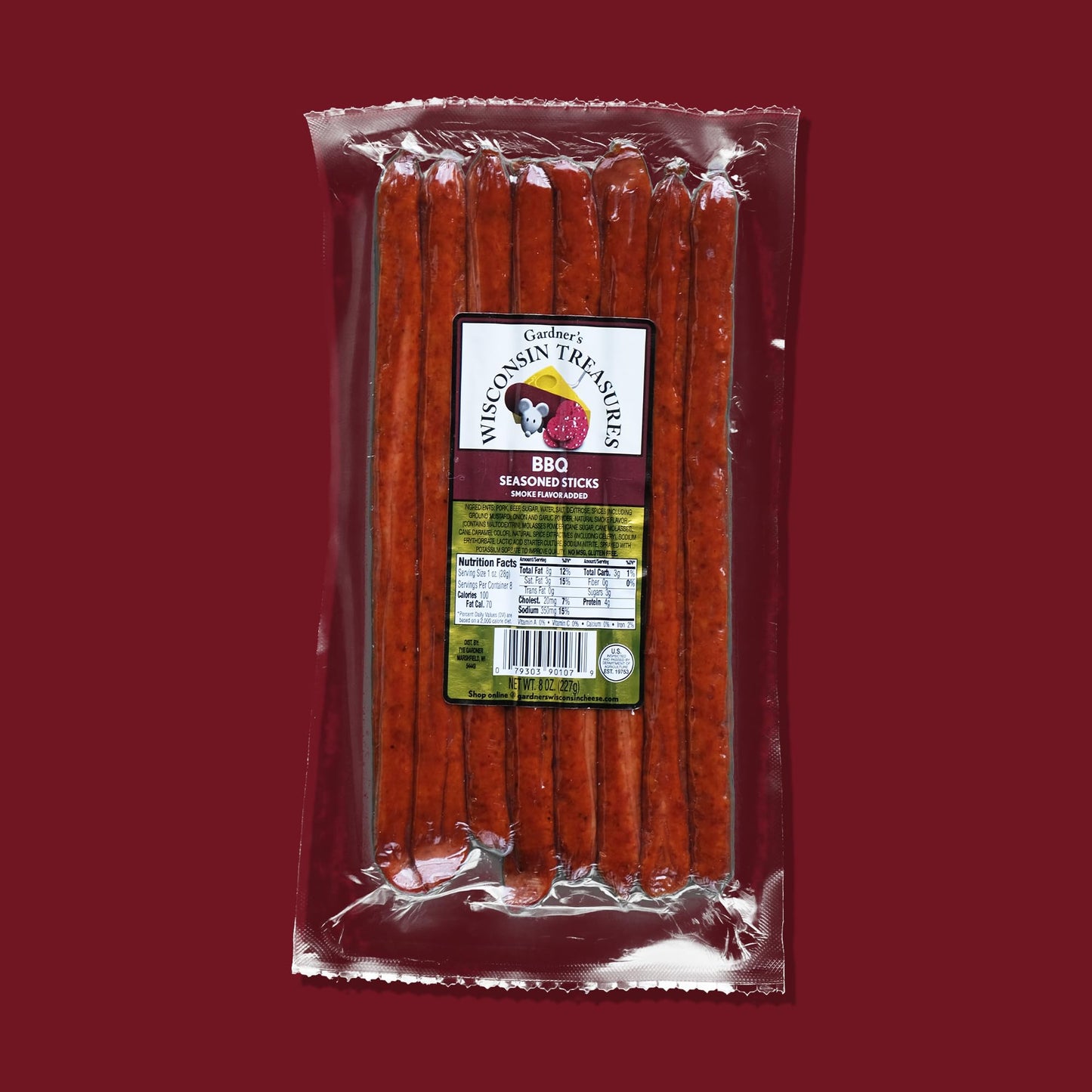 Gardners Wisconsin Cheese, Meat Sticks (1 Ounce Sticks, Pack of 8) - Smoky BBQ Flavor, Low Carb Snack, Does Not Require Refrige