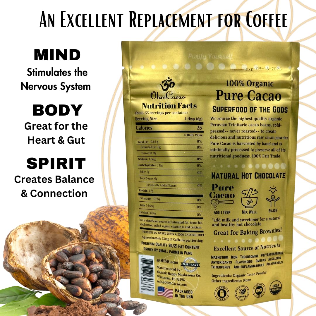 OHM Cacao Organic Raw Cacao Powder, Unsweetened, 7 Ounce, Natural Source of Magnesium & Iron
