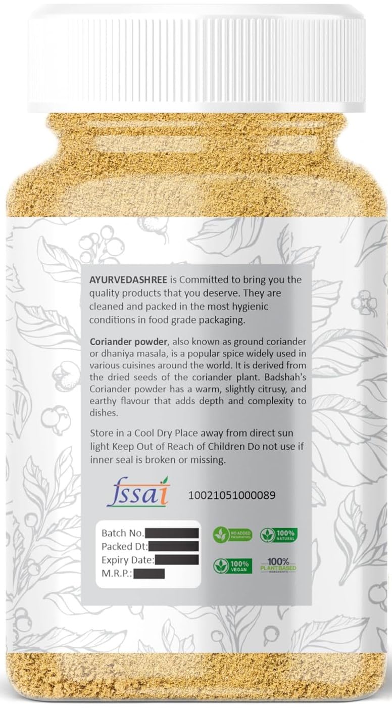 AYURVEDASHREE Coriander Ground Powder (Indian Dhania) Spice 100gm PET Jar | All Natural | Salt-Free | Vegan | No Colors | | NON-