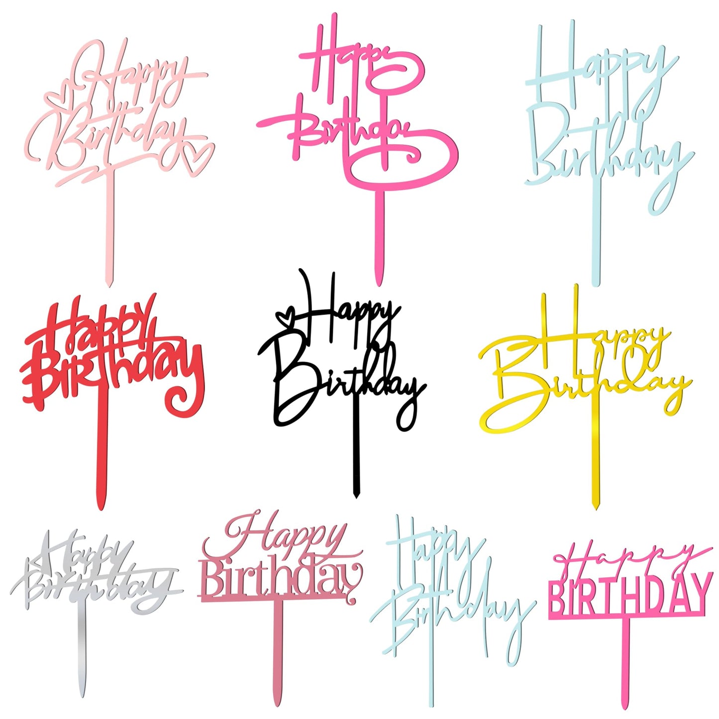 10 Pcs Happy Birthday Cake Topper Set Glitter Cake Decorations In 8 Colors Black Silver Gold Rose Gold Pink Rose Red Blue Red Id