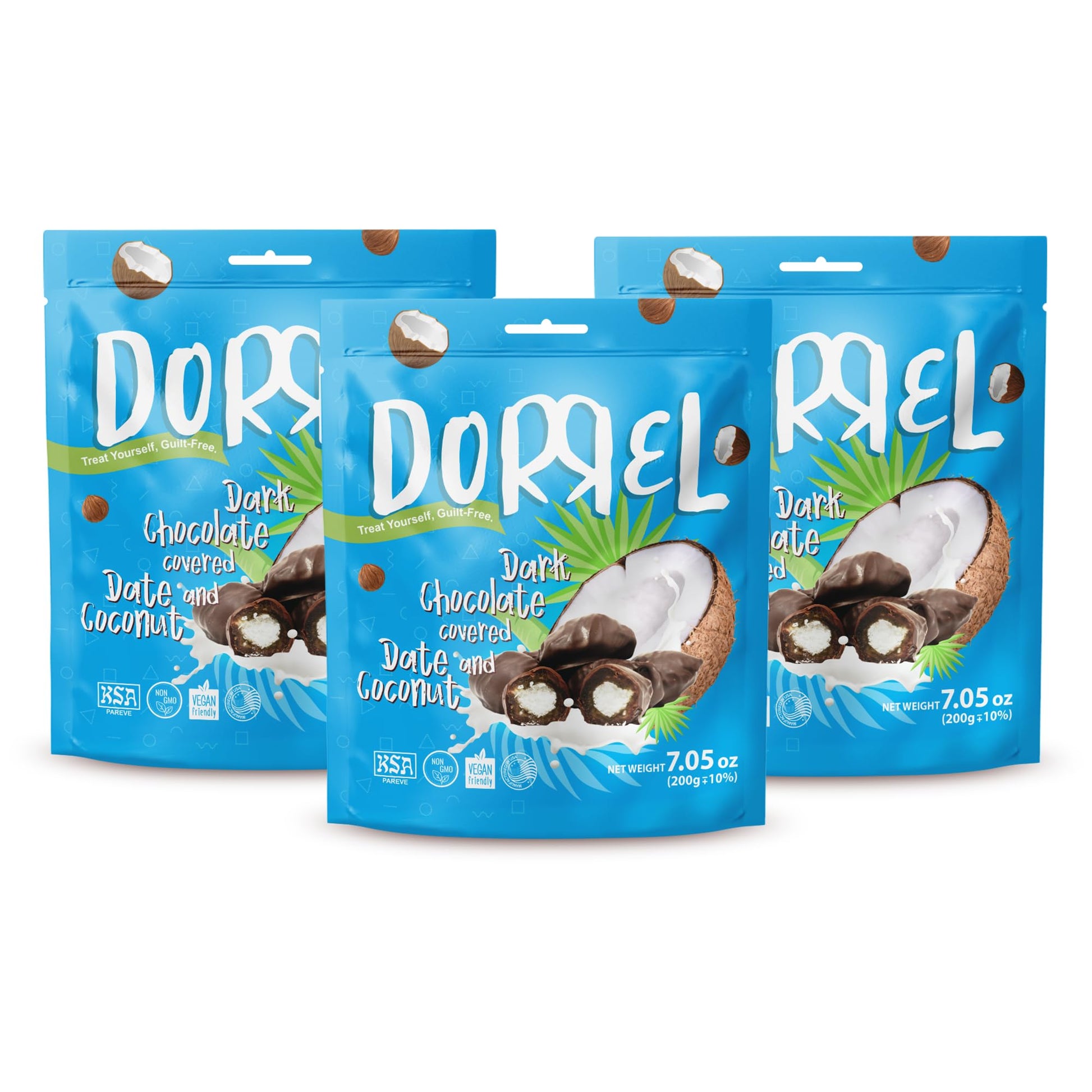 Dorrel - Belgian Dark Chocolate Covered Dates (Medjool) With Coconut Stuffing  High Energy Vegan Choco Snack  Delicious  Kosher & Non-Gmo  Pack Of 3 Stuffed Chocolate Dates  7.05 Oz / 200 G Ea