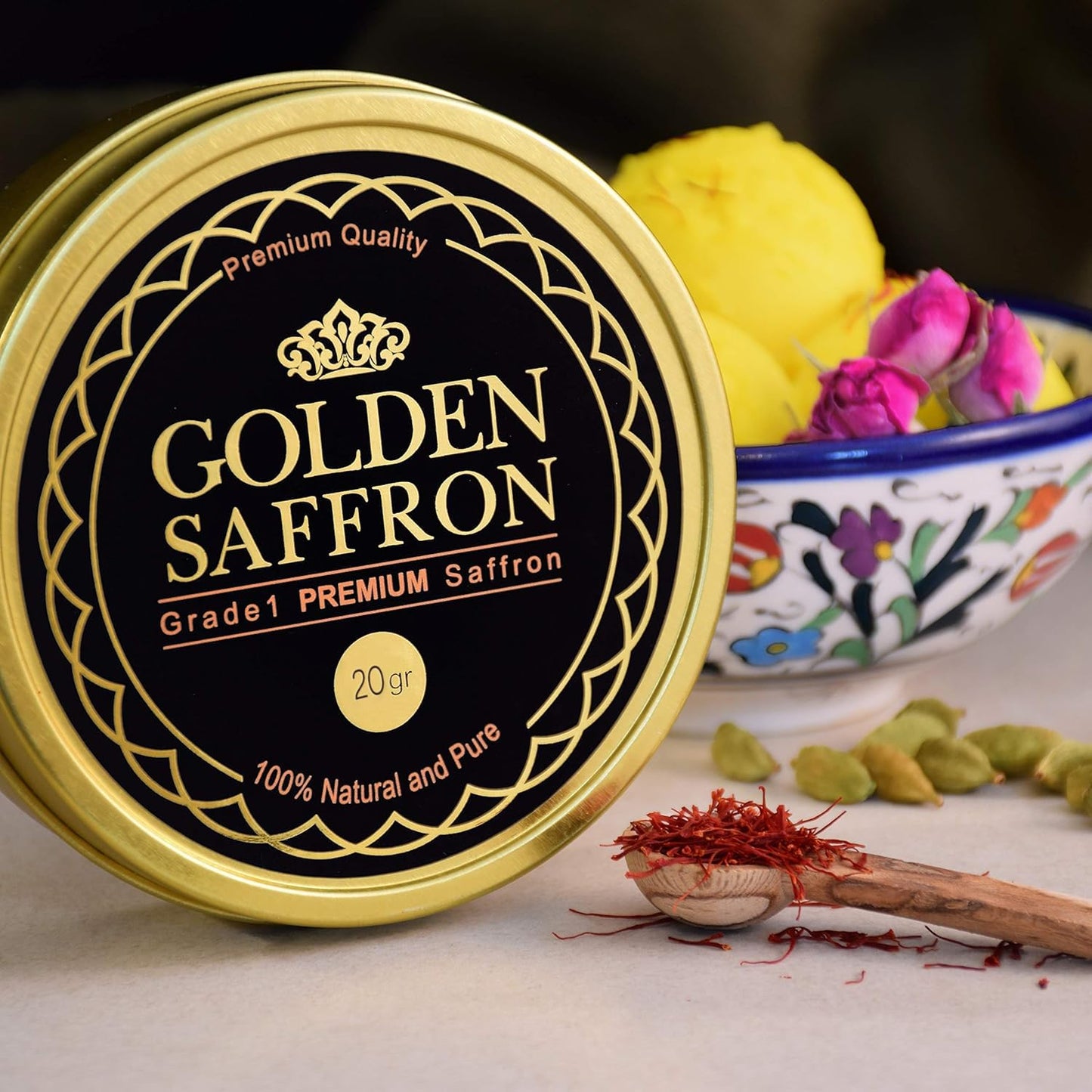 Golden Saffron  Finest Pure enhanced All Red Saffron Threads  Grade A+ Super Negin  Non-GMO Verified. For Tea  Paella  Rice  Desserts  Golden Milk and Risotto (20.0 Grams)
