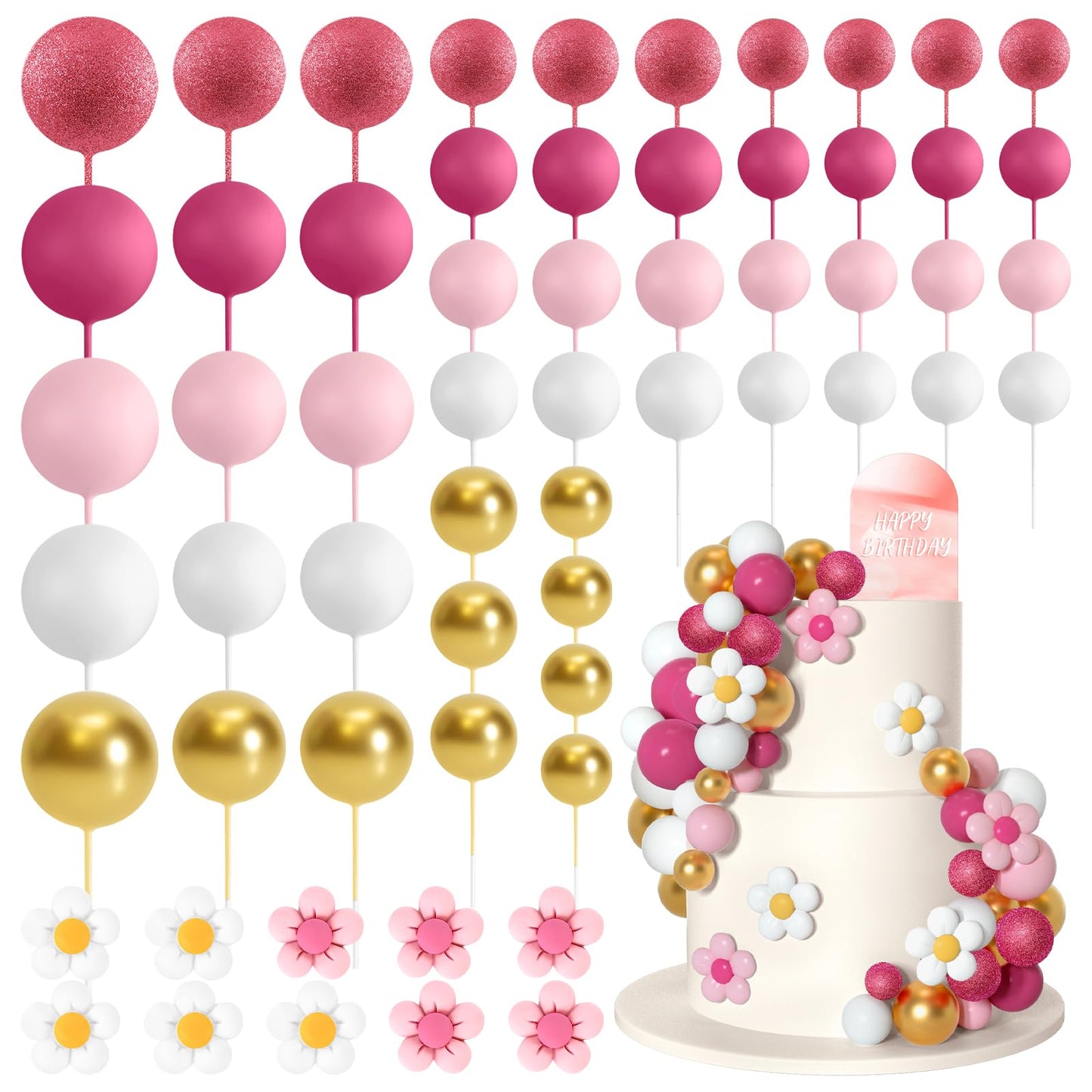 Bouiexye Cake Topper Set - 61 Pcs Boho Mini Balloons & Daisy Flowers, Pink Gold, Retro Design for Birthday, Wedding, Baby Shower