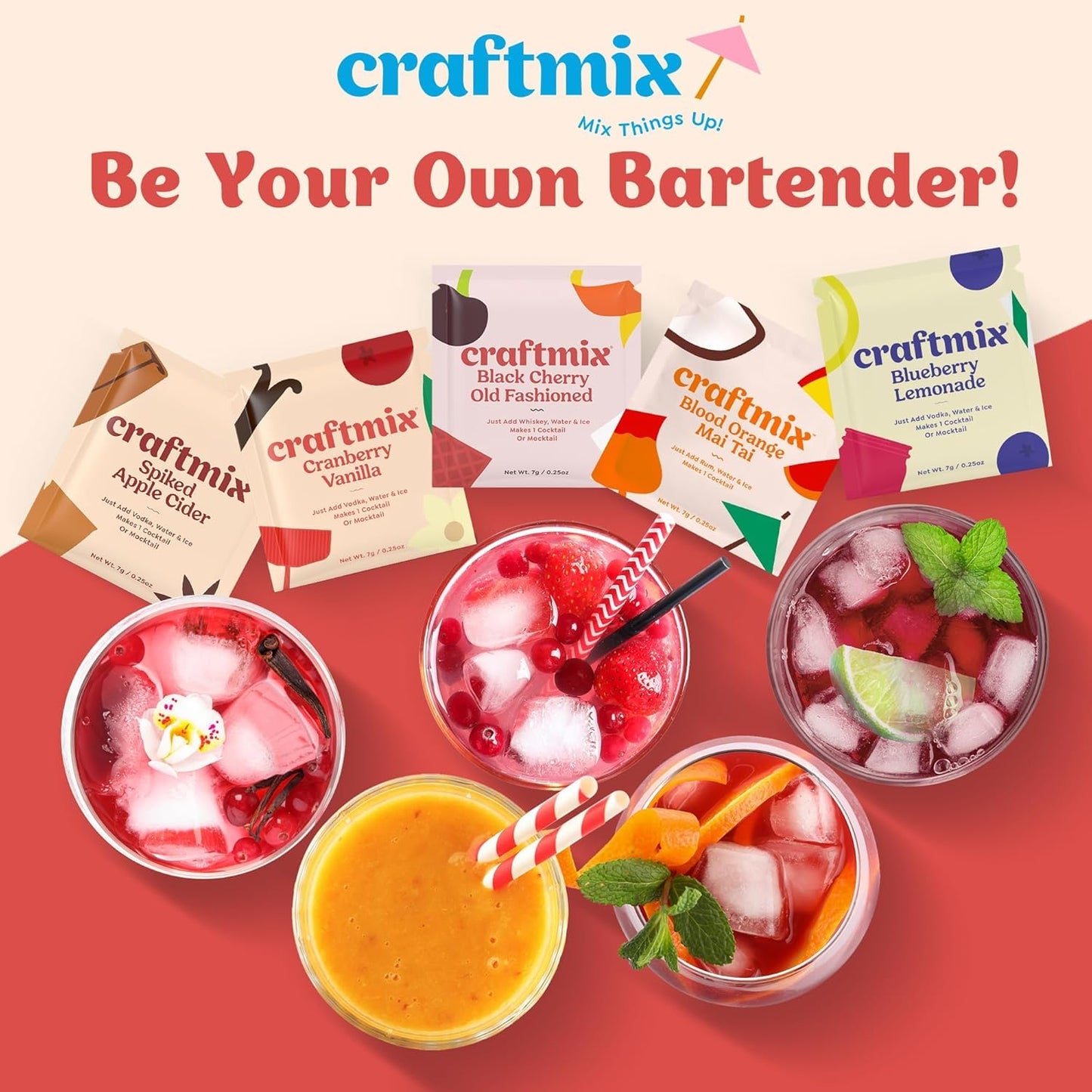 Craftmix Cranberry Vanilla Cocktail & Mocktail Drink Mixer, Skinny Mixes - Water Flavoring Packets - Made With Real Fruit - Vegan, Low-Carb, Low-Sugar, Non-Gmo, Dairy Free, Gluten Free, 12 Pack