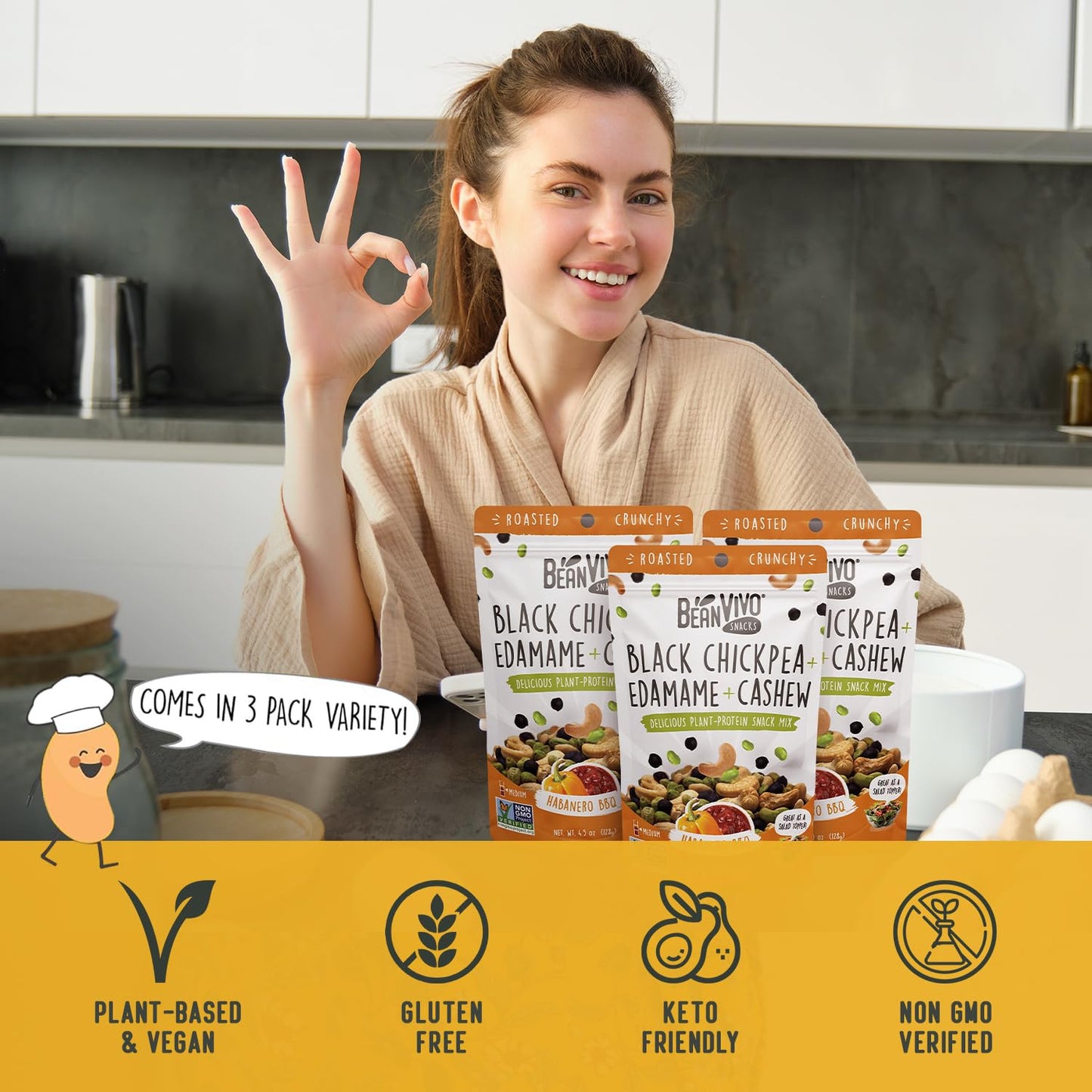 BeanVIVO Plant Based Protein Snacks - (7 Gram Protein) Habanero BBQ Flavor with Dried Edamame, Roasted Cashew and Chickpeas - No