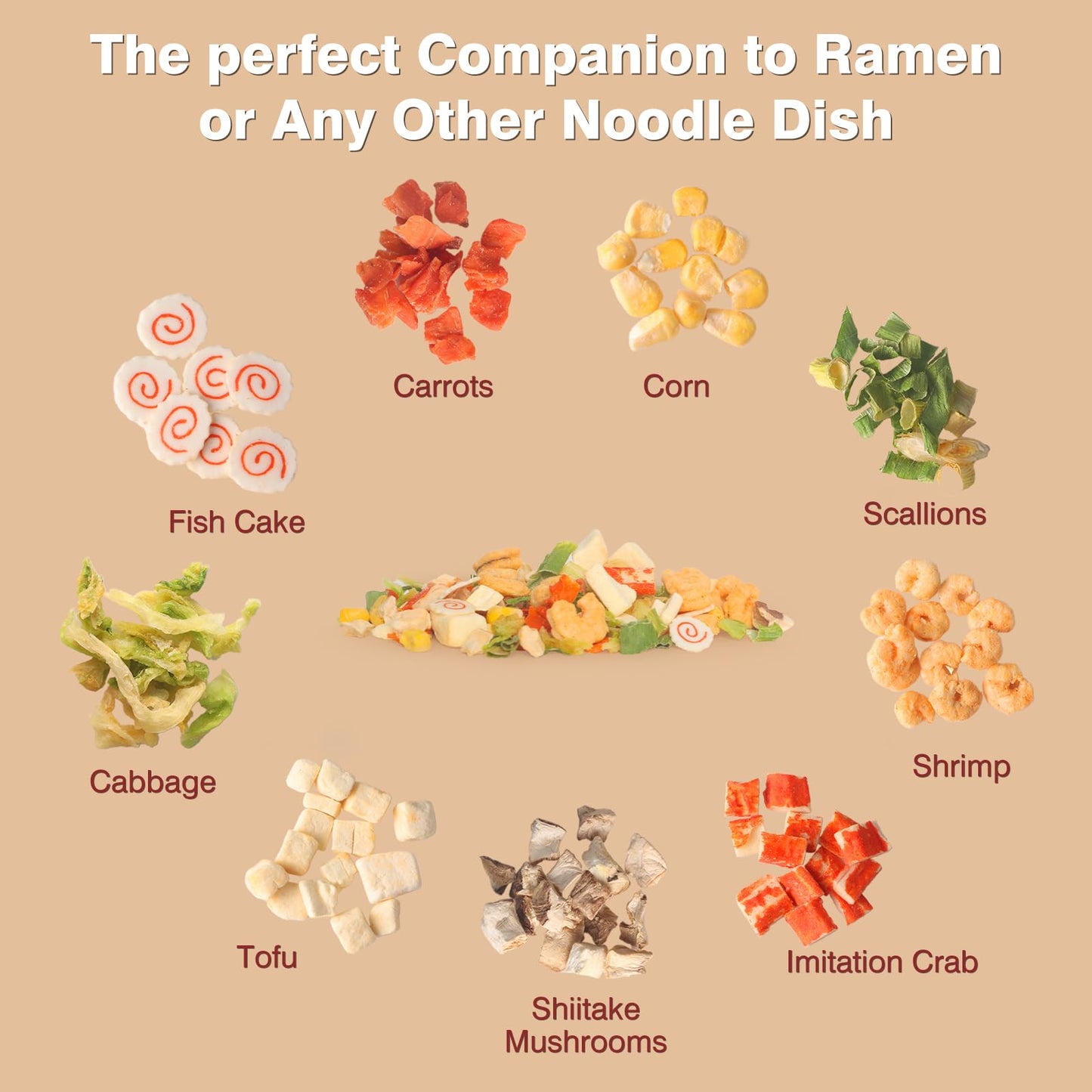 Vonfame Ramen Toppings - Dried Ramen Toppings With Seafood And Vegetables Mix - Ramen Topper For Noodles, 14Oz