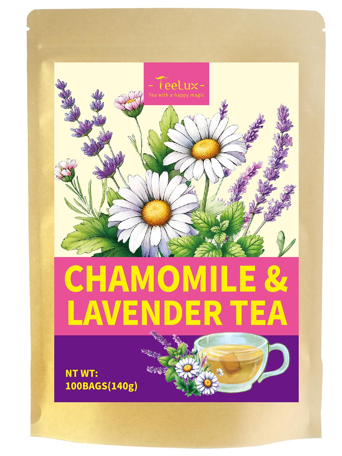 TeeLux Chamomile Lavender Tea Bags - Caffeine Free Herbal Tea, Soothing Aroma, 100 Count