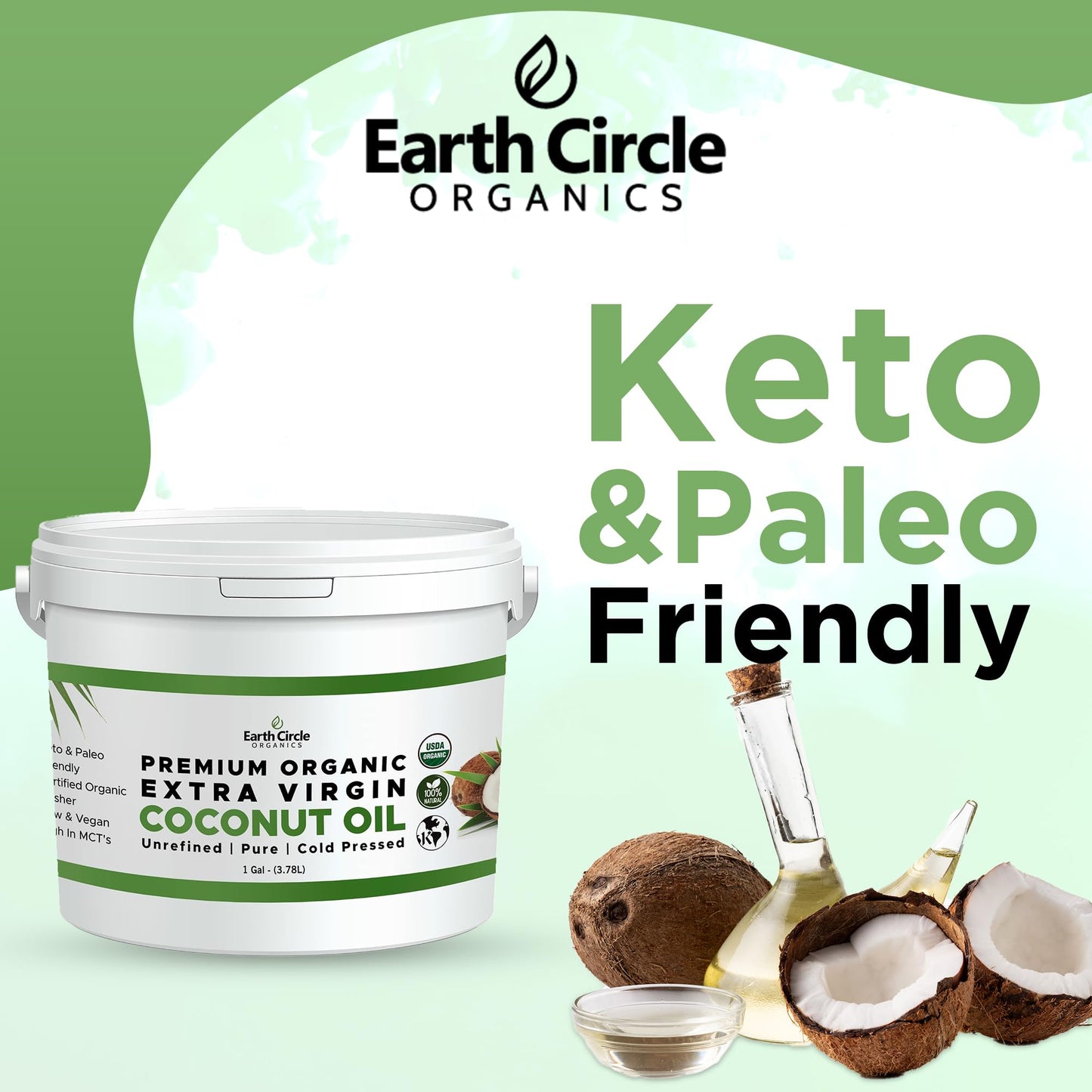 Earth Circle Organics Premium Ultra-Pure Unrefined Cold Pressed Extra Virgin Coconut Oil - Gluten-Free, Keto & Paleo Friendly -