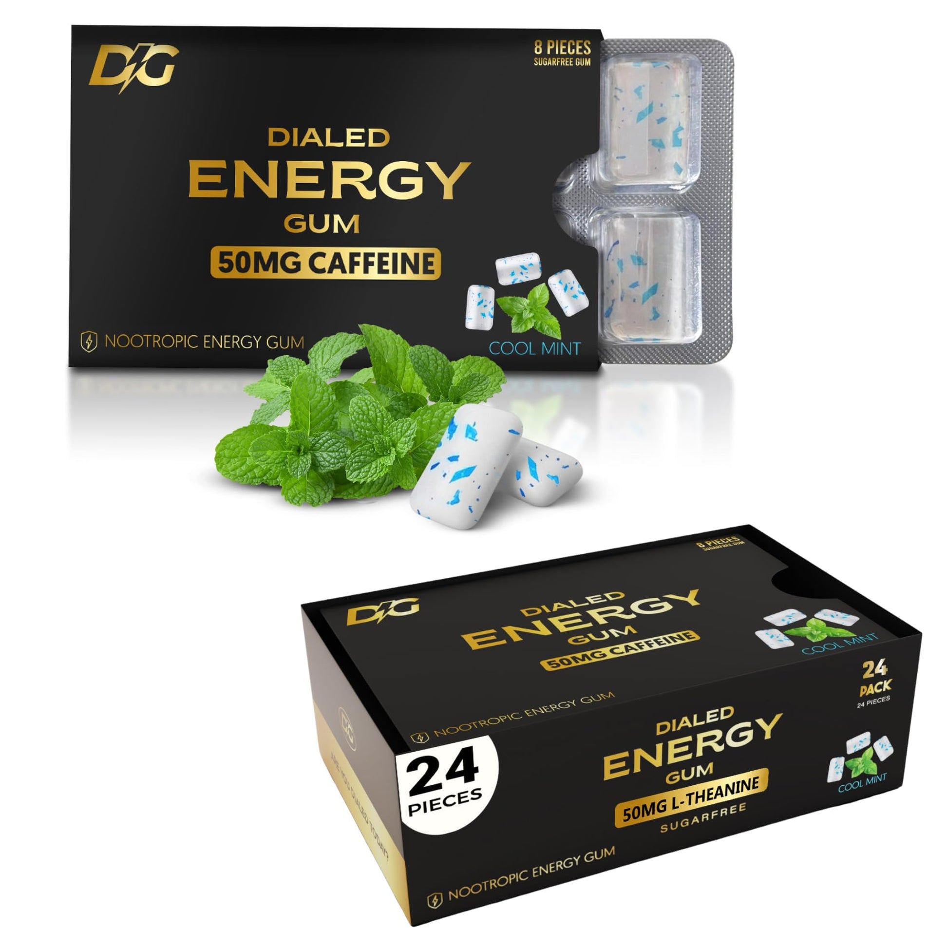 Dialed Gum Caffeine Gum - 50mg Caffeine, Sugar-Free, No Aspartame, 24pc - Cool Mint Flavor