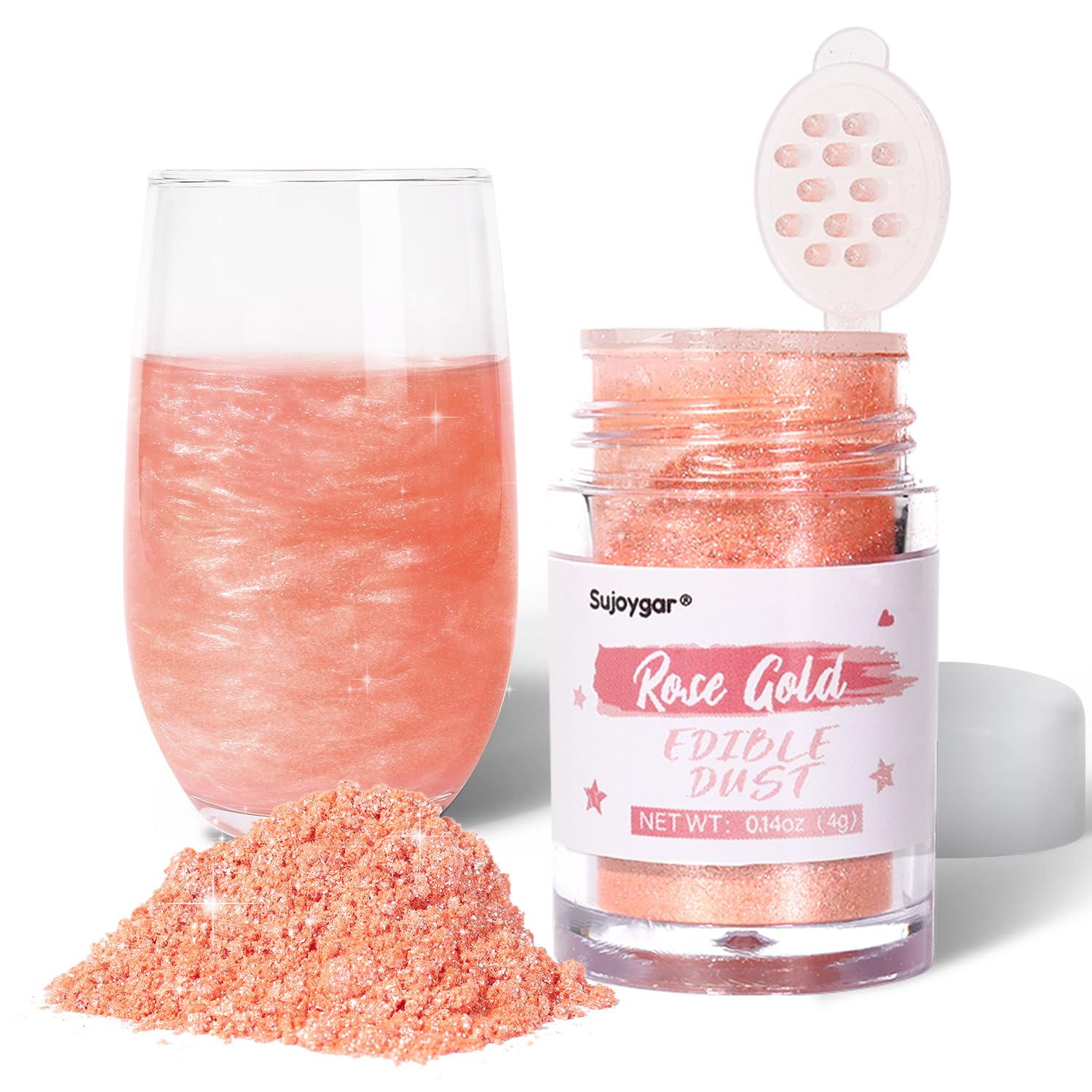 Sujoygar Rose Gold Edible Glitter, Food Grade 4g, Shimmer Luster Dust for Baking, Drinks, Cookies, Cupcakes, and Cocktails