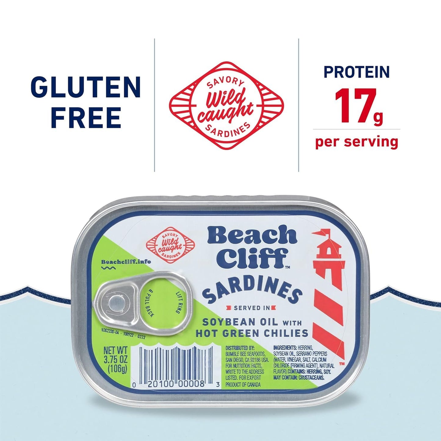 Beach Cliff Sardines in Soybean Oil with Hot Green Chilies, 3.75 oz Can, 17g Protein, Gluten Free, Keto Friendly