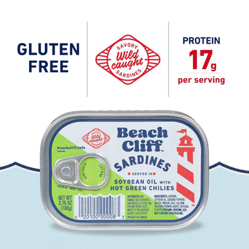 Beach Cliff Sardines in Soybean Oil with Hot Green Chilies, 3.75 oz Can, 17g Protein, Gluten Free, Keto Friendly