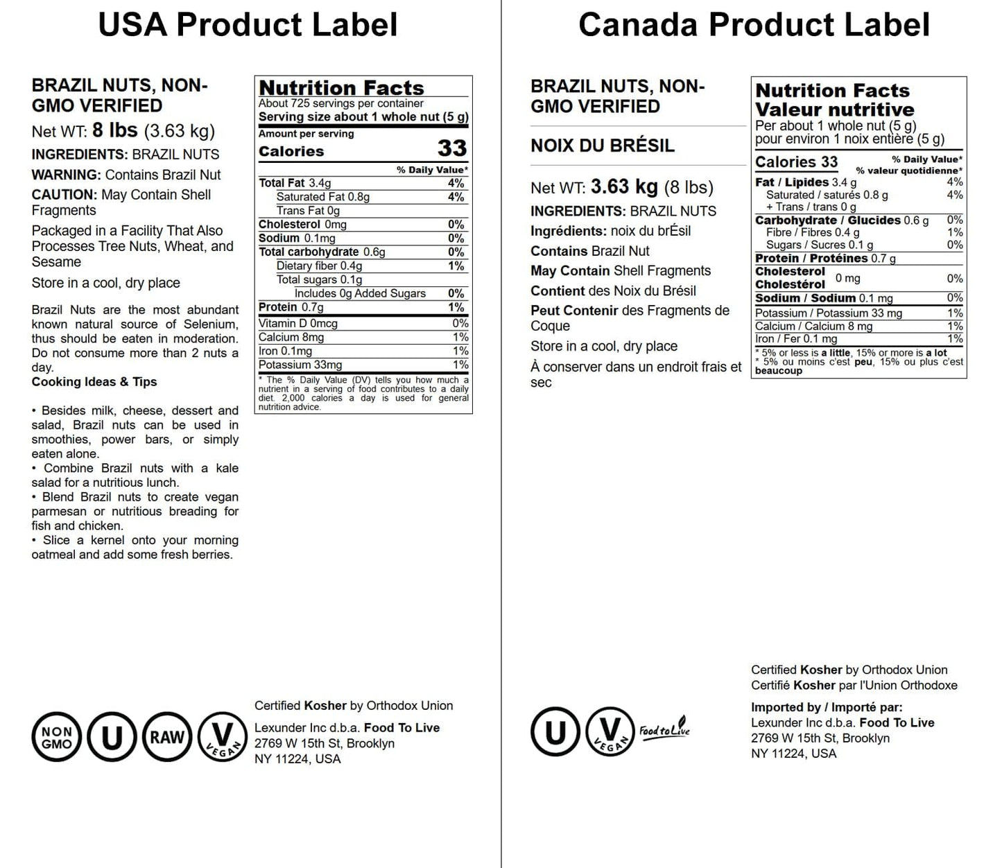 Food to Live Brazil Nuts, 8 Pound Non-GMO, Raw, Unsalted, Vegan, Keto Friendly, Low Sodium, Great Snack