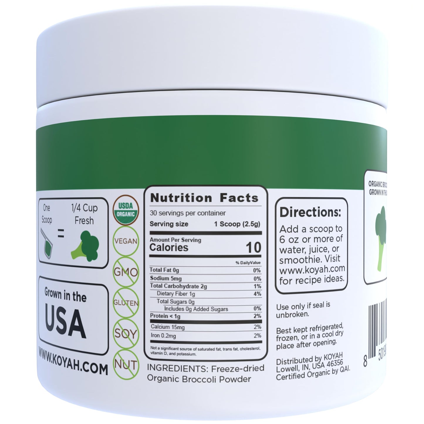 KOYAH - Organic USA Grown Broccoli Powder (1 Scoop Equivalent to 1/4 Cup Fresh): 30 Scoops, Freeze-dried, Whole-Vegetable Powder