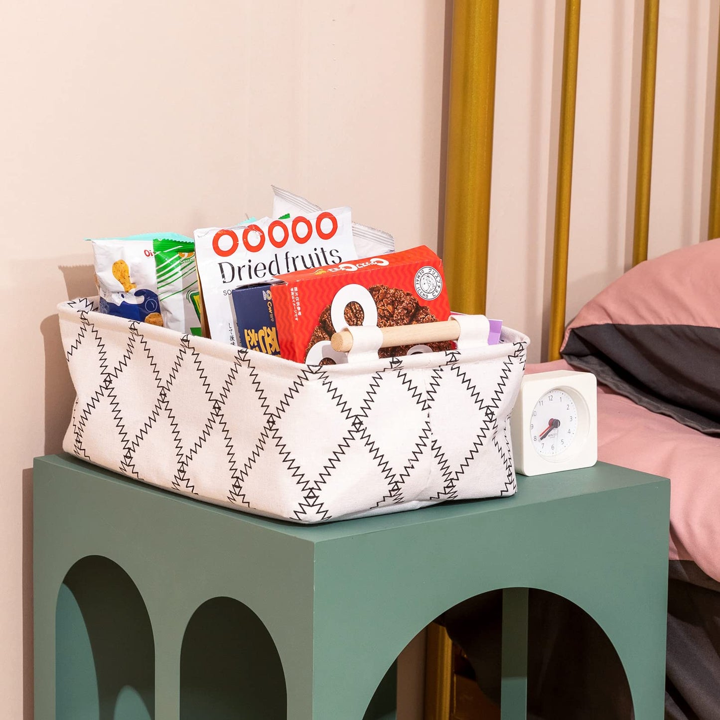 Lufofox Decorative Collapsible Rectangular Fabric Storage Bin Organizer Basket With Wooden Handles For Clothes Storage,154X106X5