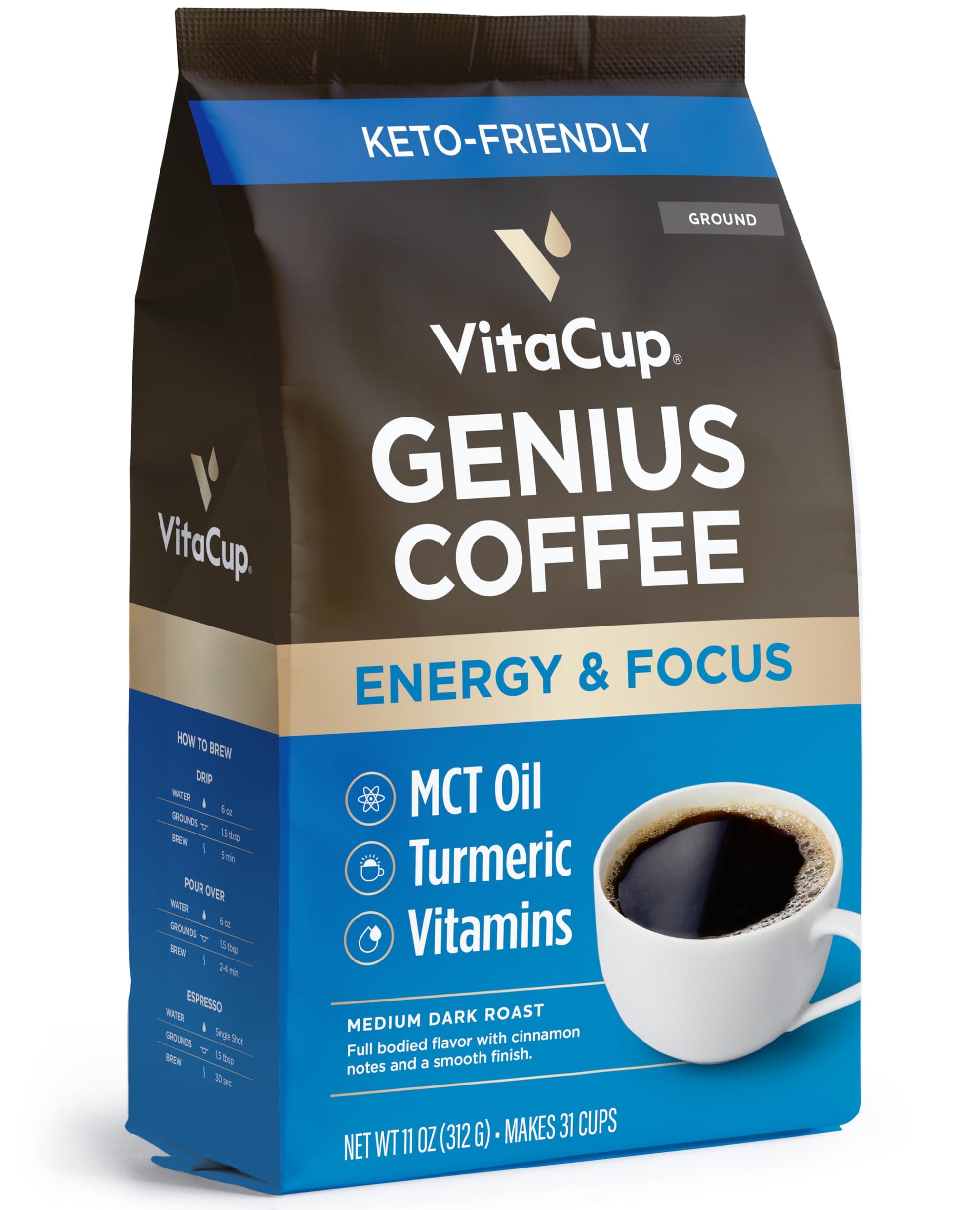 VitaCup Genius Ground Keto Coffee with Turmeric, MCT Oil, B Vitamins, 11 oz, Medium Dark Roast, 100% Arabica