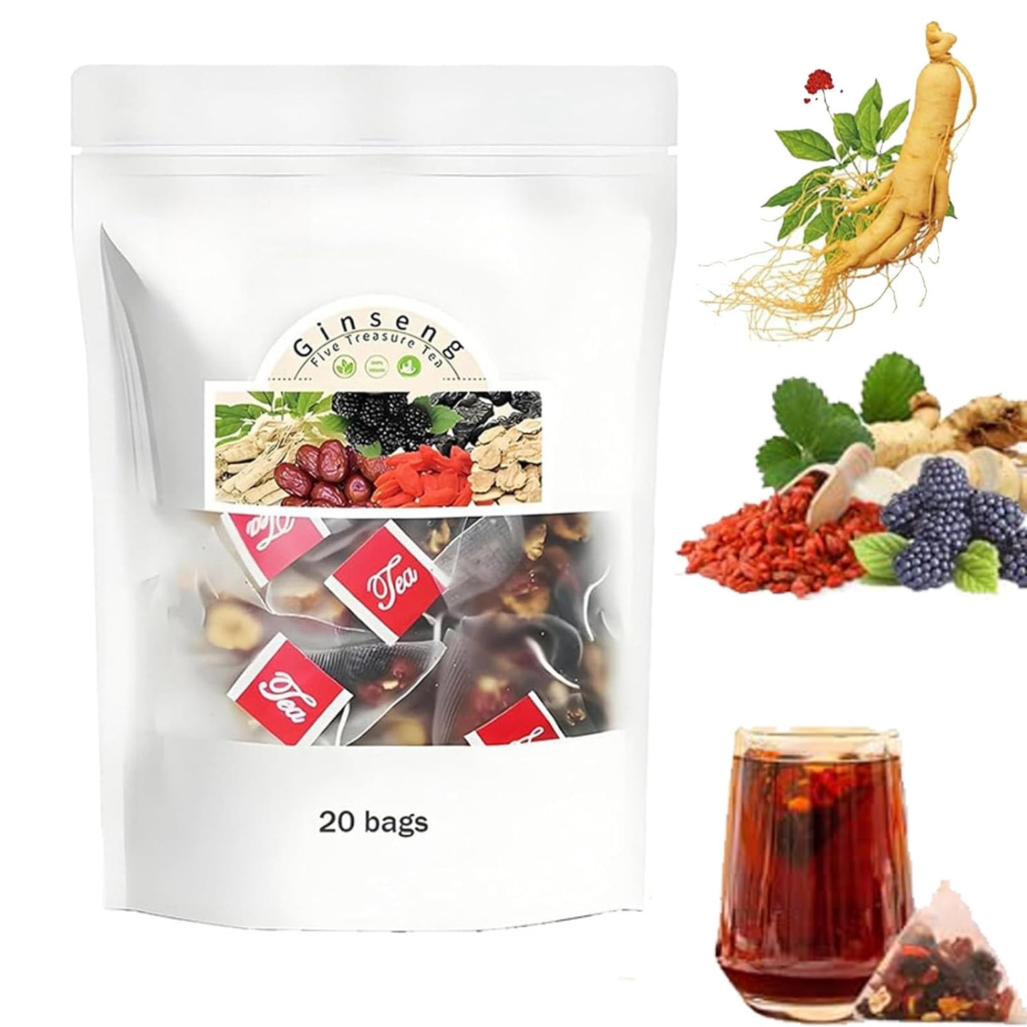 Kidney Tea Formula Flavor Blendseng Six Treasure Tea  Flavor Blendseng Five Treasures Teas  Mulberry Herbal Tea Bags  Six Precious Ingredients Formula  Natural Kidney Cleanse Detox Teabags For Women & Men (20 Bags)