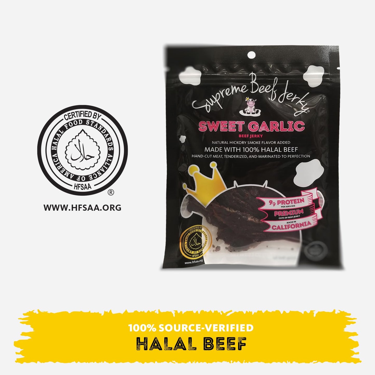 Supreme Beef Jerky, Halal Beef Jerky, Zabiha Halal Certified Beef, Handcrafted Gourmet Meat Snacks, 2.5 Oz Sweet Garlic, 2.5 Oun