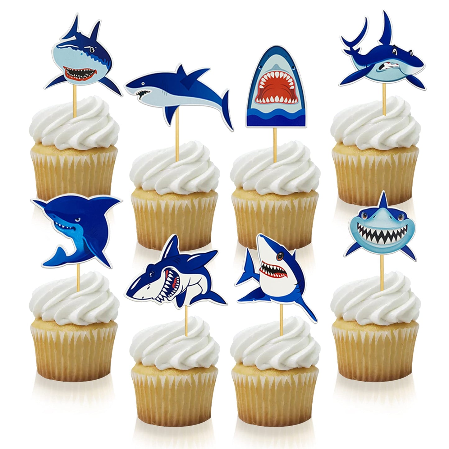 RASSLISA Shark Cupcake Toppers, 40 PCS Shark Theme Party Supplies, Kids Birthday Decorations, 6x6 inches, Blue