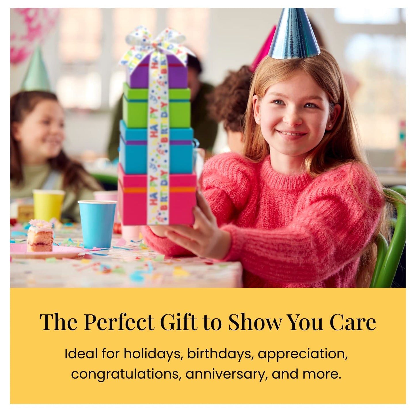Broadway Basketeers Birthday Food Gift Basket 4 Box Tower – Snack Box, Sweet & Savory Treats For Parties, Best Wishes, Birthday Presents For Women, Men, Mom, Dad, Her, Him, Families