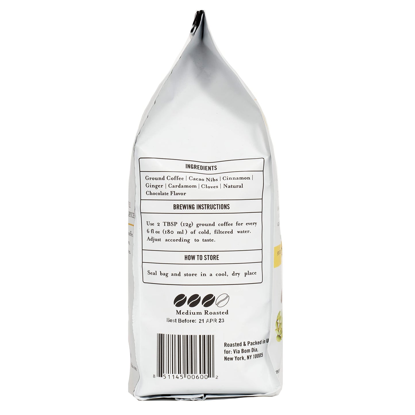 Via Bom Dia Ground Coffee, Dirty Chai, Medium Roast, 12 oz Bag