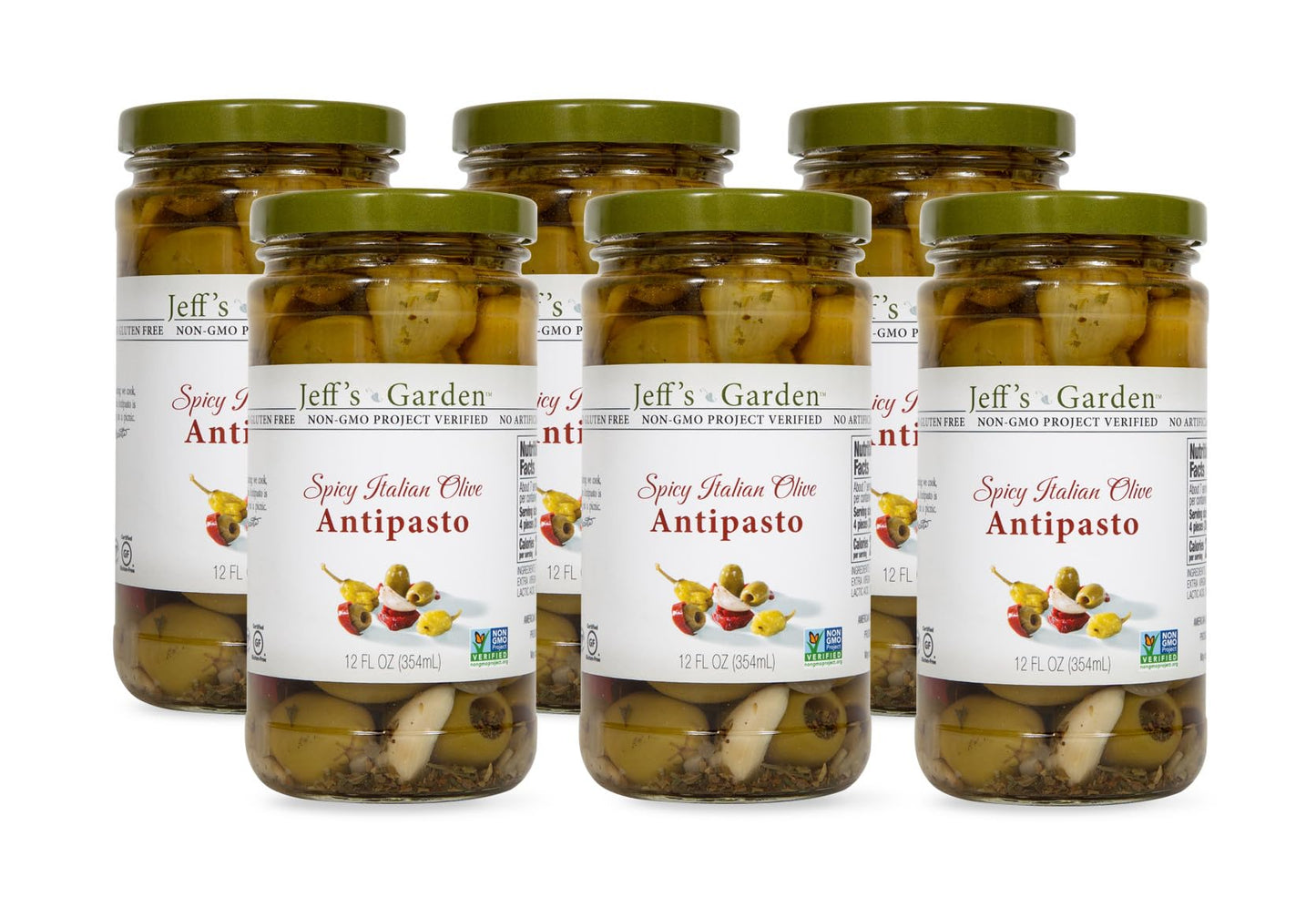 Jeff's Garden Spicy Italian Olive Antipasto | Non-GMO, Gluten Free, Keto, Vegan | 12 Fluid Ounce Jar (Pack of 6)