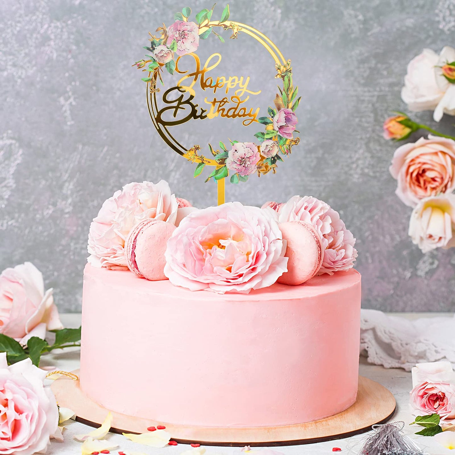 6 Pieces Happy Birthday Cake Toppers Gold Flower Acrylic Cake Toppers Acrylic Cupcake Topper For Various Birthday Party Annivers
