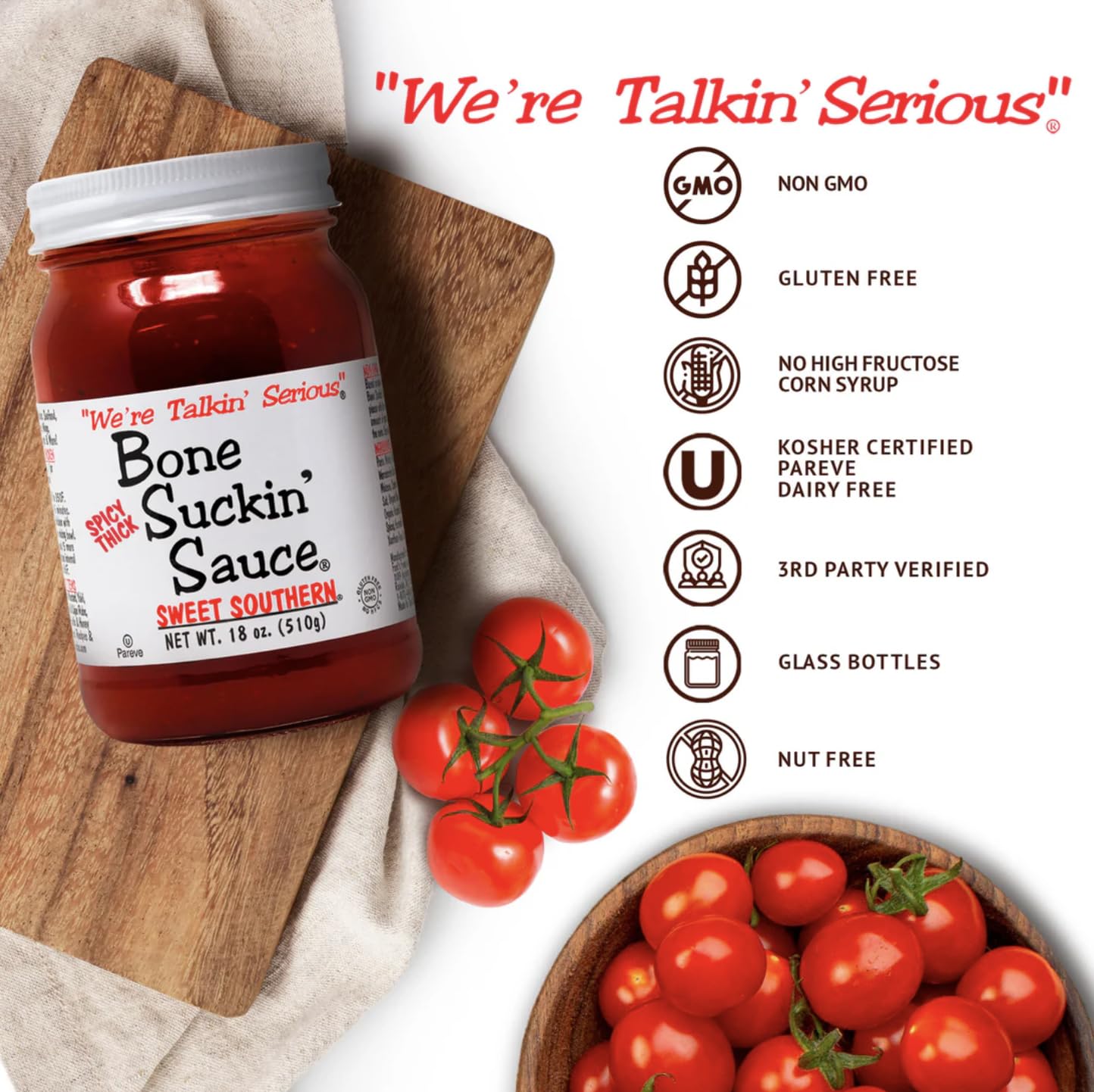 Bone Suckin Barbecue Sauce, Thick & Spicy, Gluten-Free, Non-GMO, 18 Ounces