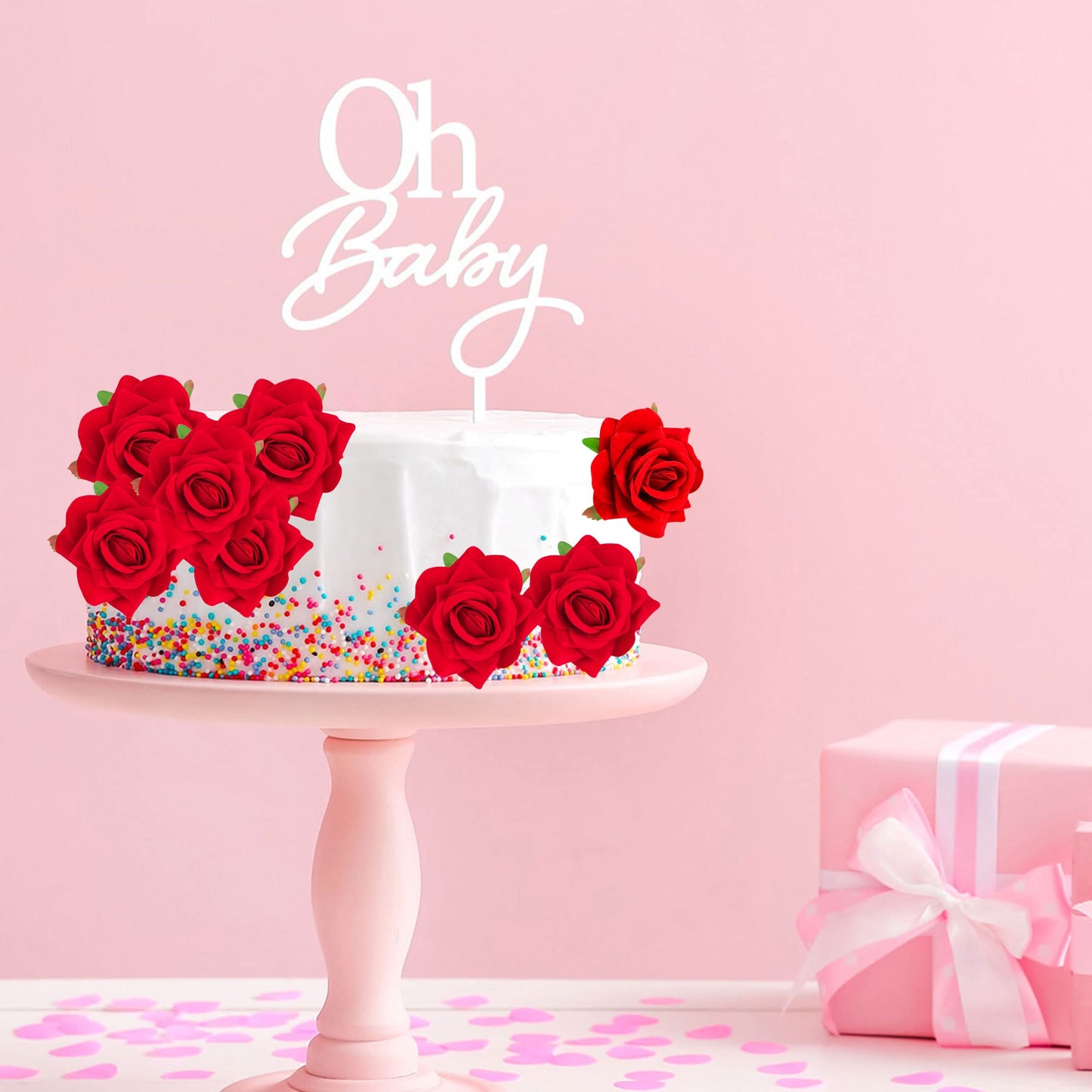 Gyufise 15Pcs Flower Cake Toppers Artificial Rose Cake Decorations Happy Birthday Cake Toppers Artificial Red Rose Flowers Cake