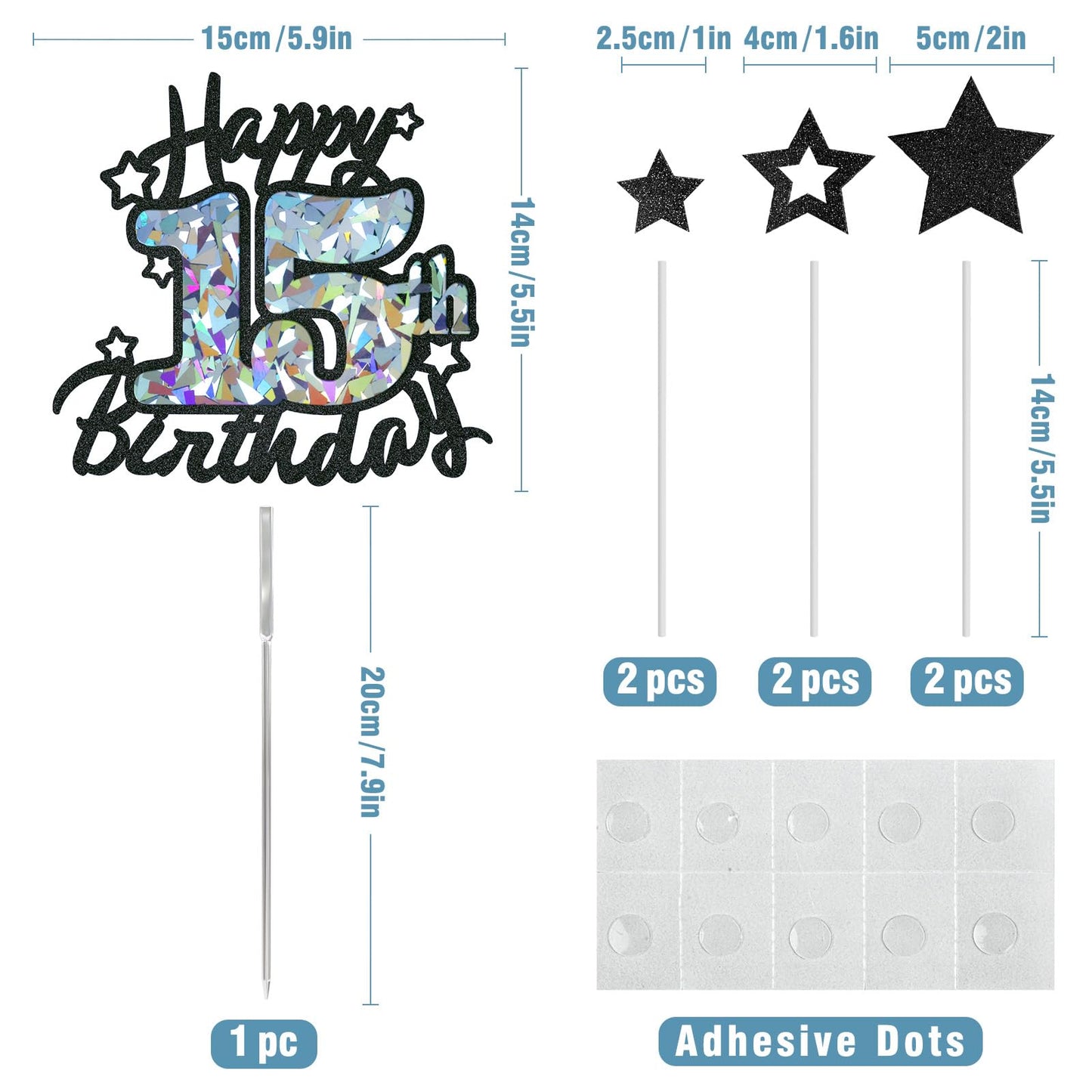 Happy 15Th Birthday Cake Topper, Black Glitter And Gem Patterns Card Stock Cake Toppers, Quinceanera Decorations, 15 Year Birthd
