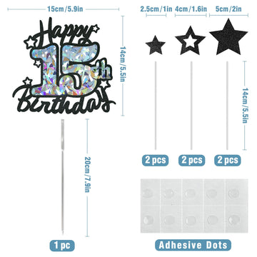 Happy 15Th Birthday Cake Topper, Black Glitter And Gem Patterns Card Stock Cake Toppers, Quinceanera Decorations, 15 Year Birthd