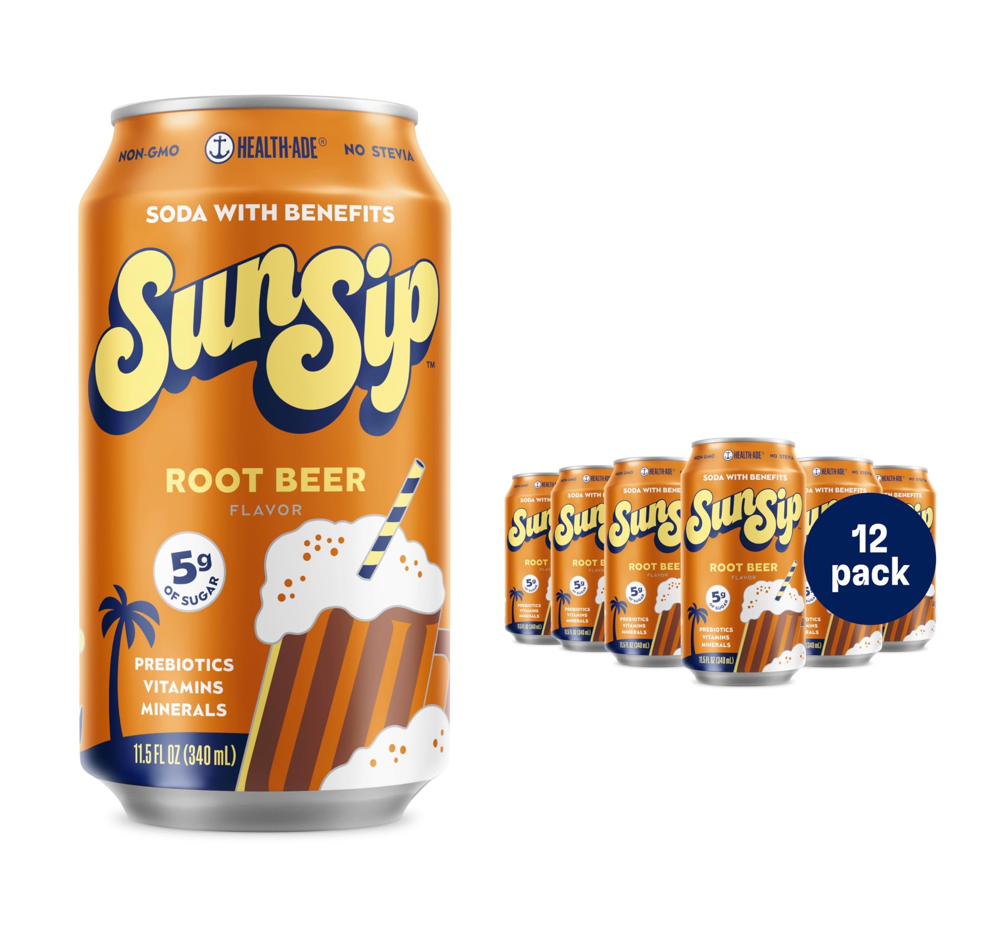 Health-Ade SunSip Prebiotic Soda Root Beer - Gut-Healthy Beverage, 11.5 oz (12 Pack), Naturally Sweetened, 35 Calories, 5g Sugar