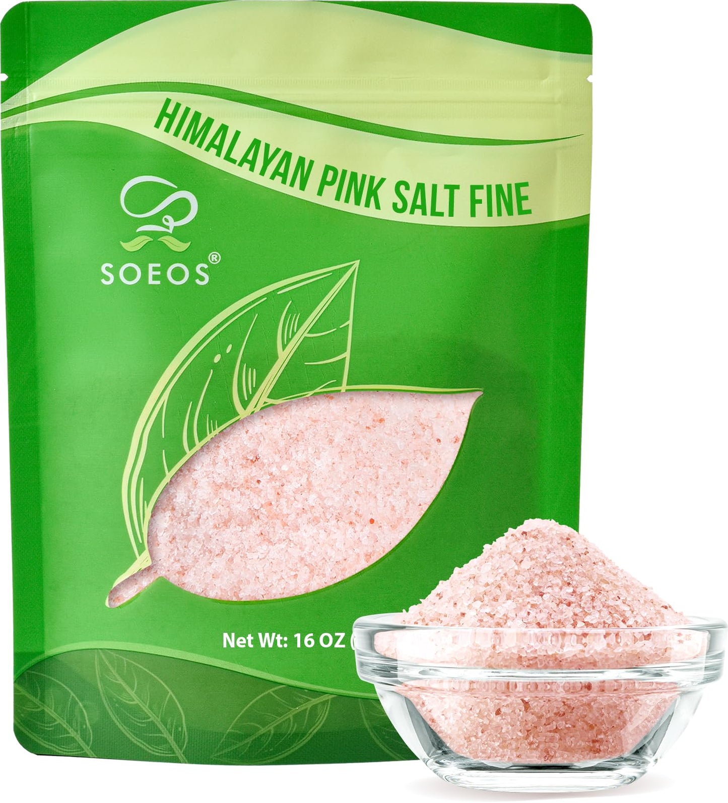 Soeos Himalayan Pink Salt, Fine Grain, 16 oz (1 Pound), Pink Himalayan Sea Salt, Non-GMO, Kosher Salt, Rock Salt for Grinder Ref