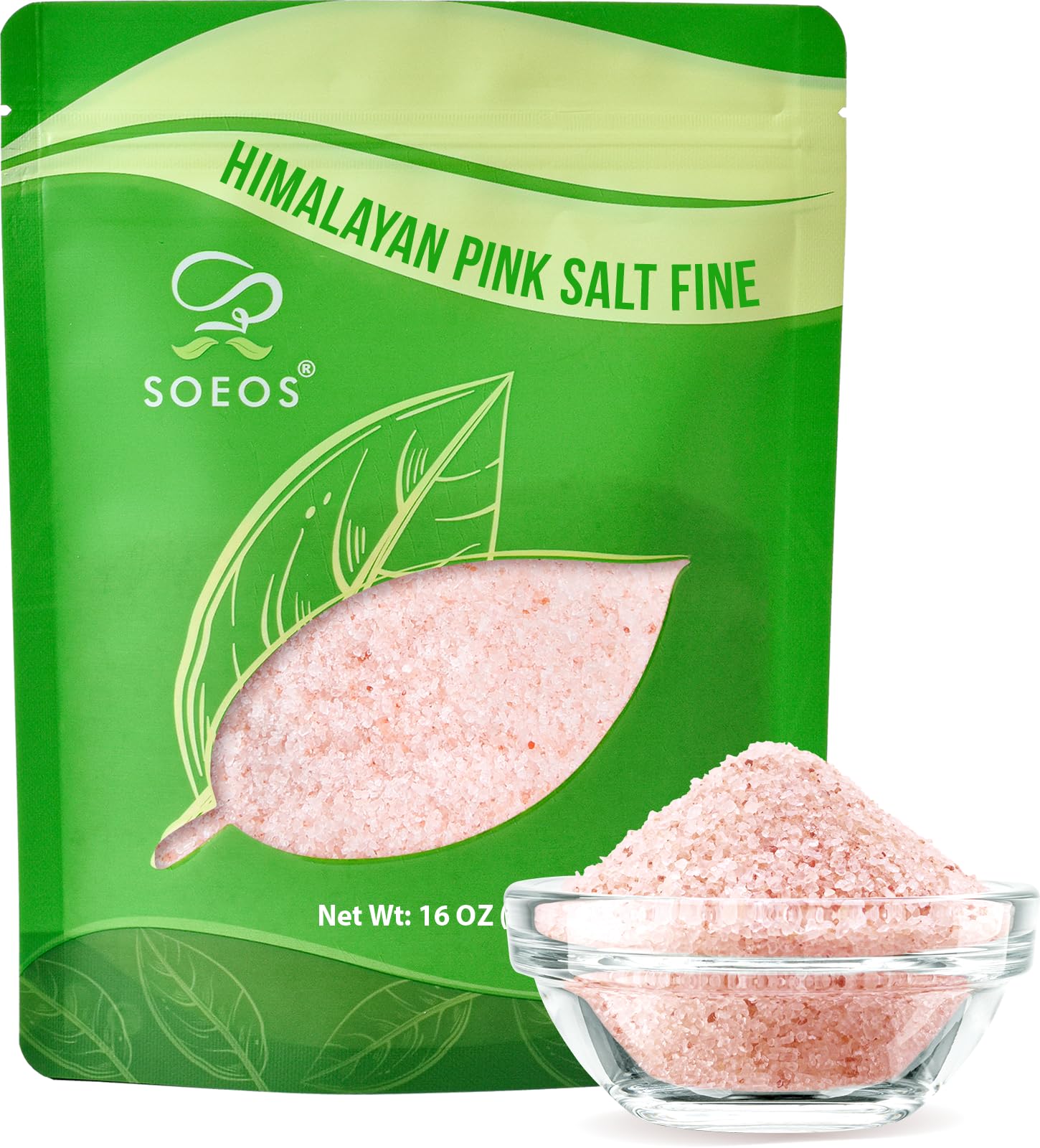 Soeos Himalayan Pink Salt, Fine Grain, 16 oz (1 Pound), Pink Himalayan Sea Salt, Non-GMO, Kosher Salt, Rock Salt for Grinder Ref