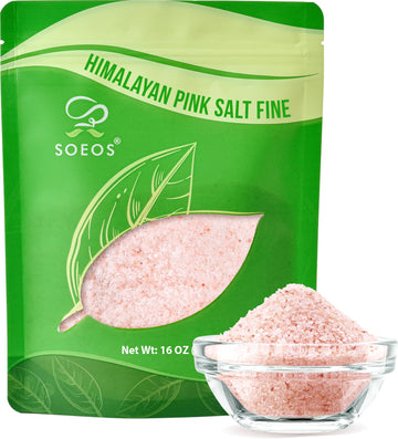 Soeos Himalayan Pink Salt, Fine Grain, 16 oz (1 Pound), Pink Himalayan Sea Salt, Non-GMO, Kosher Salt, Rock Salt for Grinder Ref