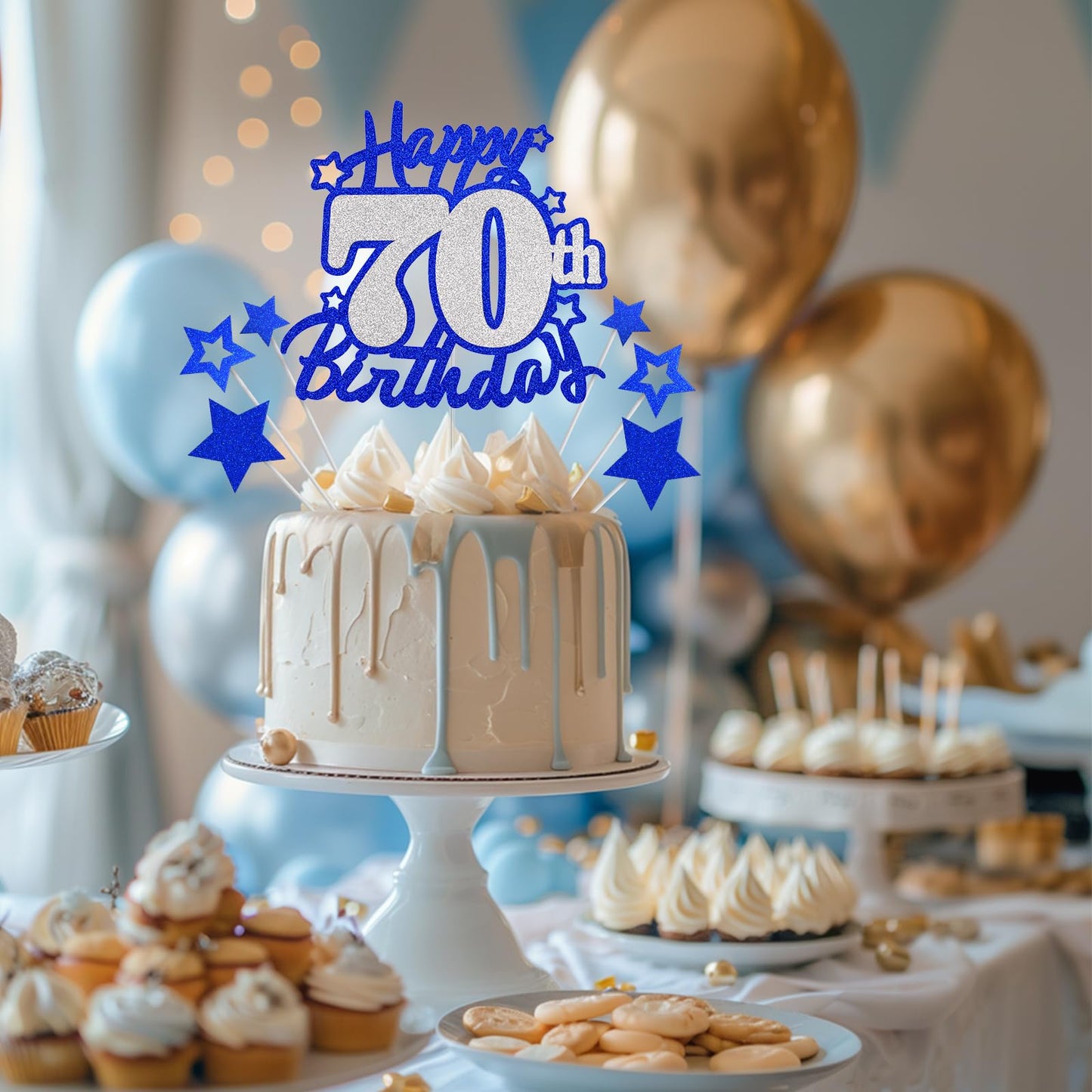 Happy 70Th Birthday Cake Topper, Blue And Silver Glitter Cake Toppers, 70 Year Birthday Party Cake Decoration