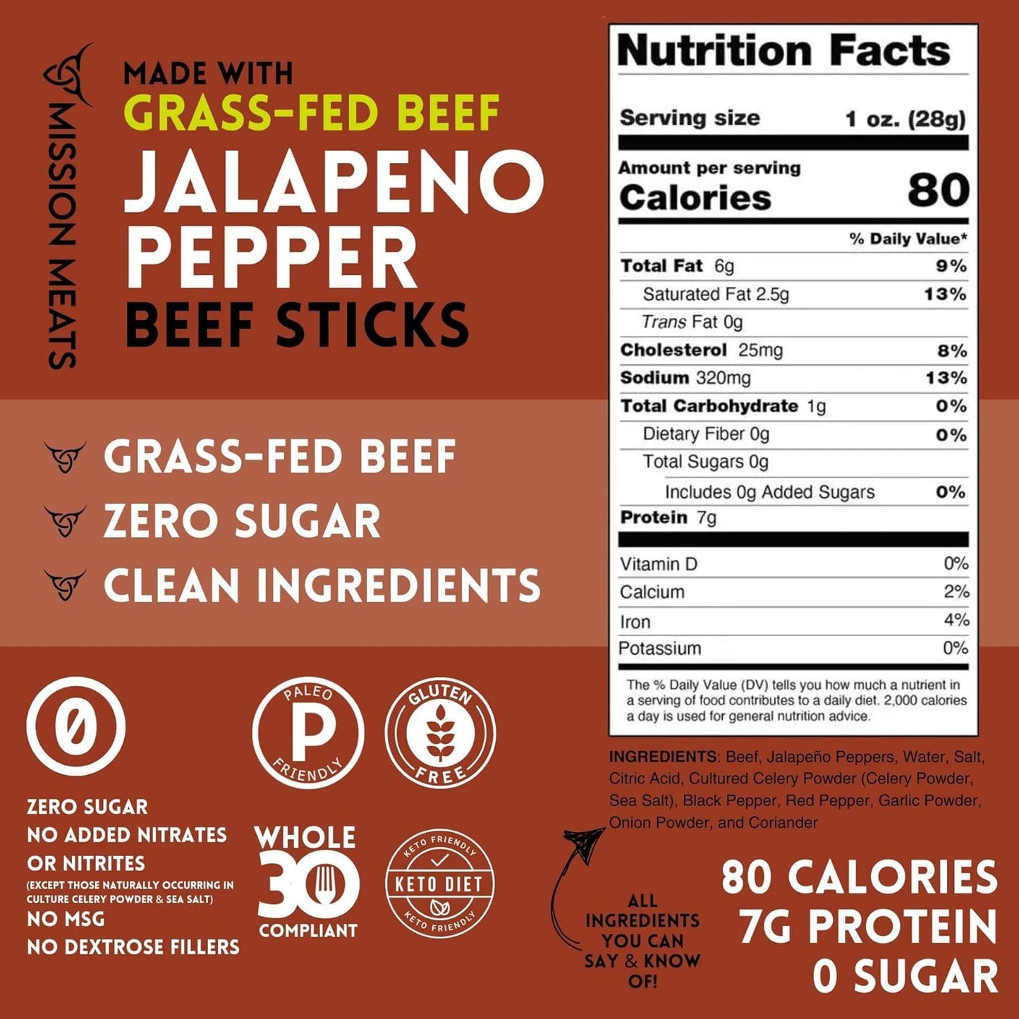 Mission Meats Beef Sticks - 100% Grass Fed & Pasture Raised, Sugar Free, Individually Wrapped Healthy Snacks, Whole 30 & Paleo F