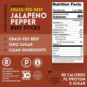 Mission Meats Beef Sticks - 100% Grass Fed & Pasture Raised, Sugar Free, Individually Wrapped Healthy Snacks, Whole 30 & Paleo F