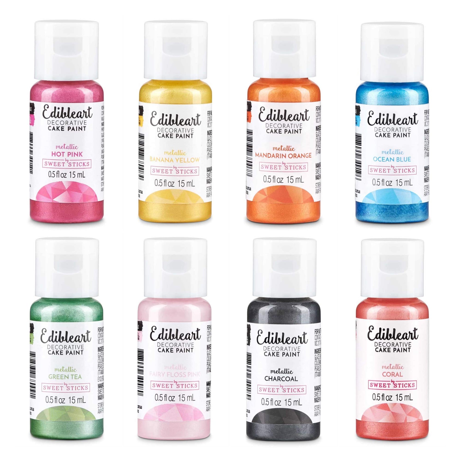 SWEET STICKS Edible Art Cake Paint Set, 8 Metallic Colors, 0.5 Fl Oz (15 mL)