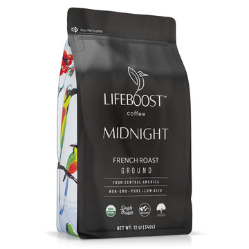 Lifeboost Midnight French Roast Coffee Ground - Non-GMO Single Origin USDA Organic Low Acid Coffee French Roast - Third Party Te