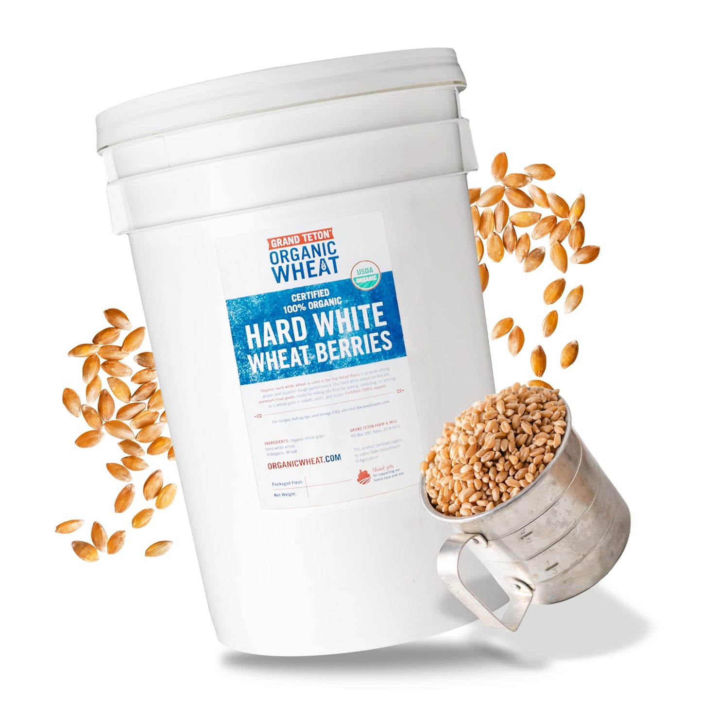Grand Teton - 100% Organic Hard White Wheat Berries | Us-Grown Wheat Berries Bulk | Packaged In 6 Gallon Hdpe Pail For Long-Term
