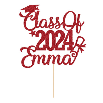 Personalized Cake Topper Custom Congrats Graduation Hat Student Class Of 2024 Double Sided Glitter Card Red