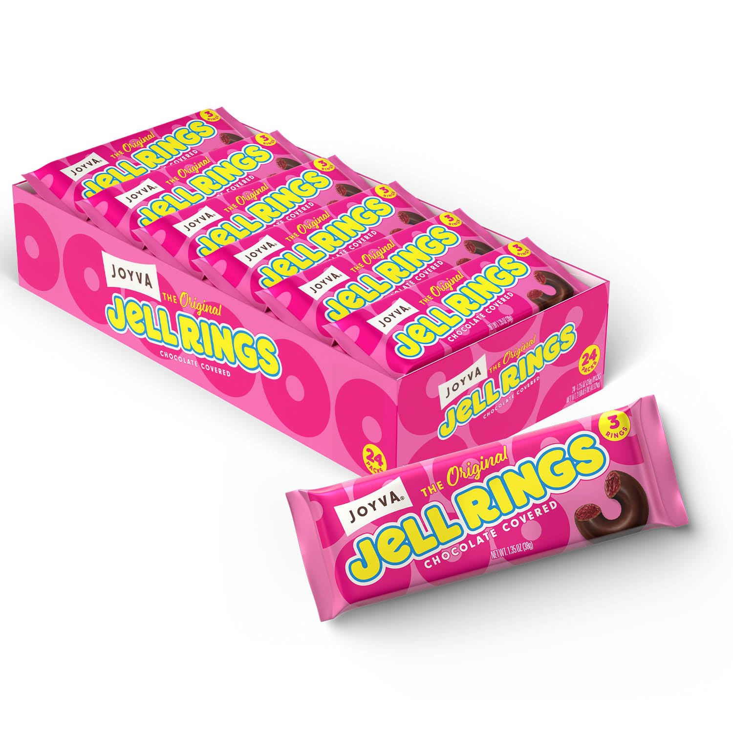 Joyva Original Jell Rings | Box of 24, 3 Packs | Sweet Jell Center with Smooth Dark Chocolate Coating | Kosher Parve | Free of D