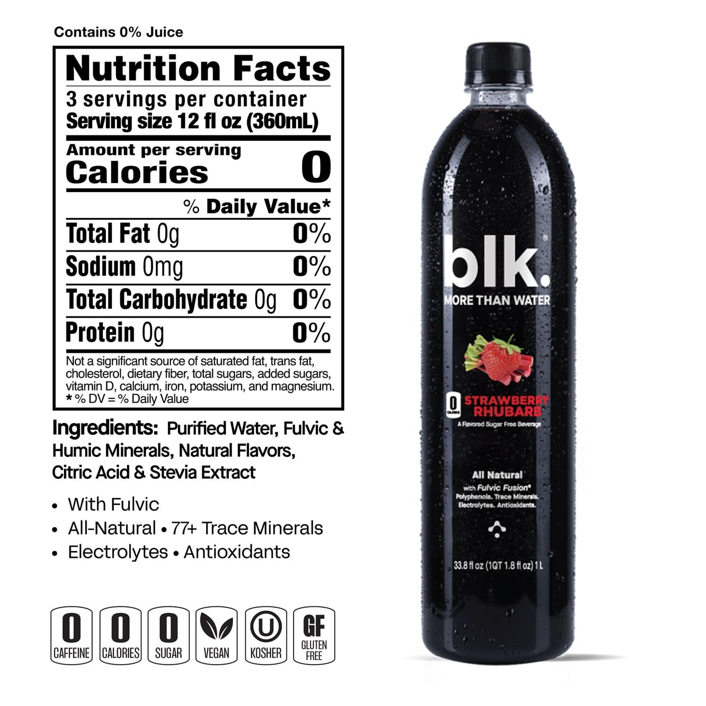 blk. Natural Alkaline Mineral Water, Electrolyte Infused, Strawberry Rhubarb Flavor, 1 Liter, Pack of 12