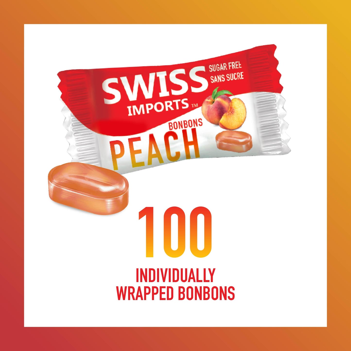 Swiss Imports Sugar Free Bonbons Hard Candy Drops, Peach, 100 Individually Wrapped Pieces, 250G/8.8Oz